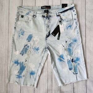 Plus Size Men's Distressed Light Blue Denim Shorts - Skinny Fit